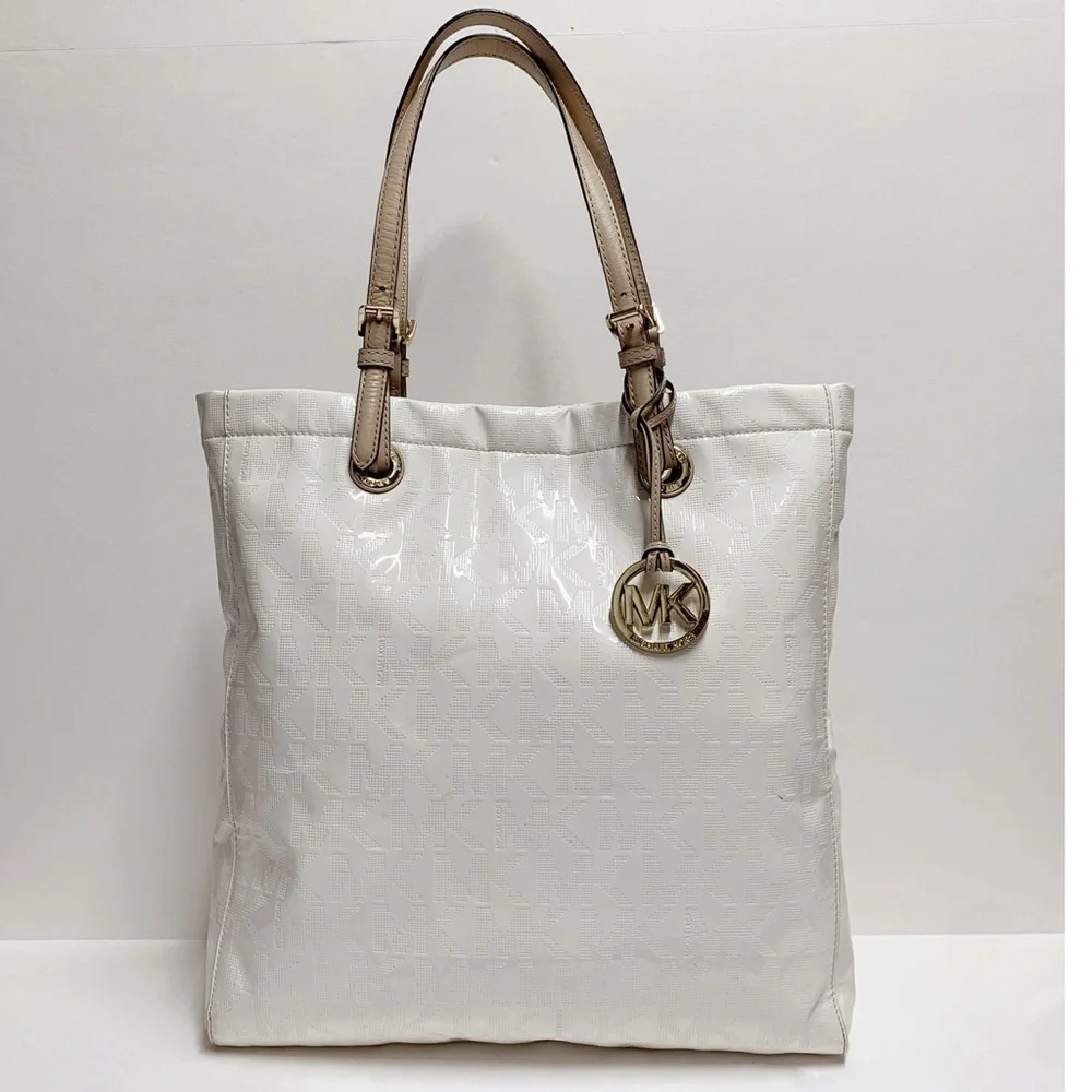 Michael Kors White Patent Tote Bag | MK Monogram Logo | Shoulder Purse